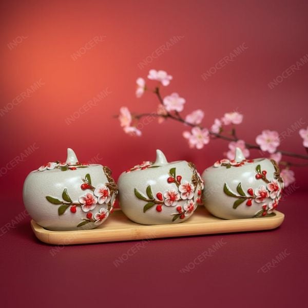 Set quà Tết gốm sứ Bát Tràng hoa đào in logo doanh nghiệp