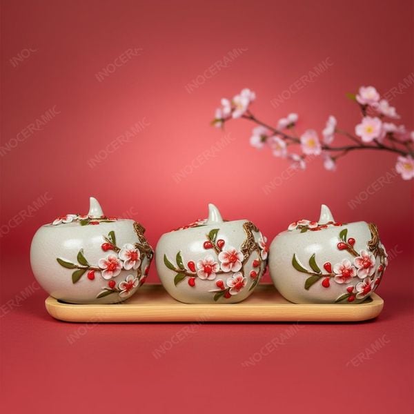 Bộ khay hũ đựng kẹo mứt dáng quả đào hoa đào đắp nổi Bát Tràng