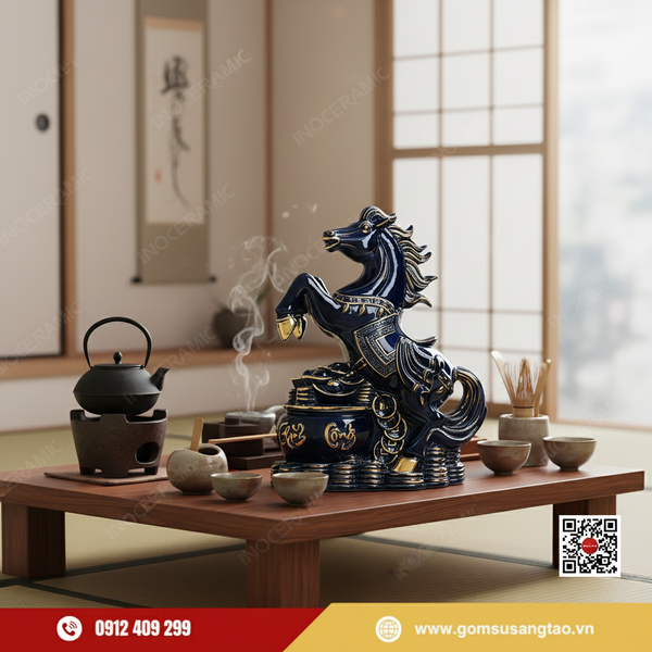 Tượng ngựa Lục Mã Cát Tường vẽ vàng dùng trong set quà Tết in logo