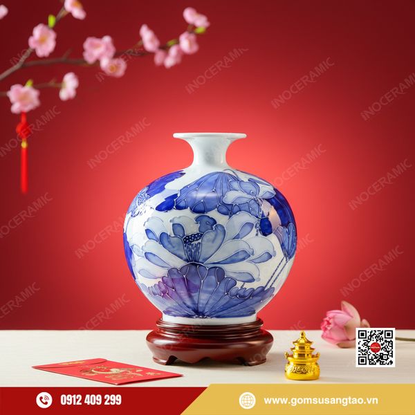 Quả hút lộc Liên Hoa Lam Ngọc gốm sứ Bát Tràng làm quà Tết phong thủy cao cấp