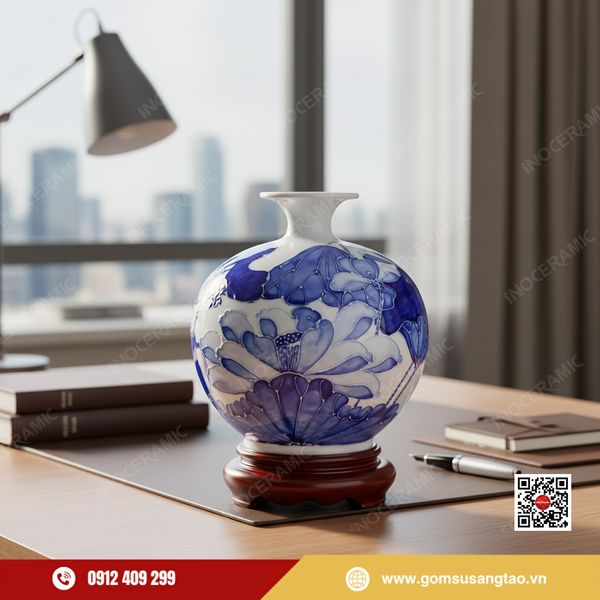 Quà Tết gốm sứ Bát Tràng in logo doanh nghiệp – quả hút lộc Liên Hoa Lam Ngọc.