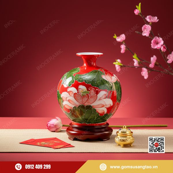 Quả hút lộc Hồng Liên Cát Tường gốm sứ Bát Tràng làm quà Tết phong thủy cao cấp