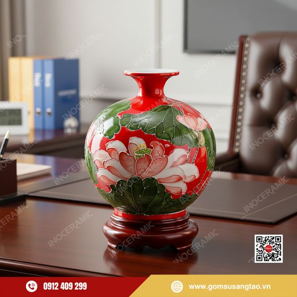 Quà Tết gốm sứ Bát Tràng Hồng Liên Cát Tường in logo doanh nghiệp.