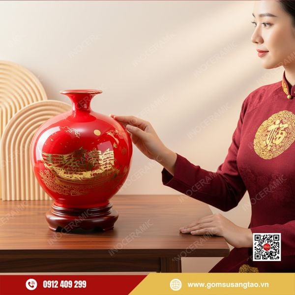 Set quà Tết bình hút lộc Bát Tràng màu đỏ chiêu tài tụ lộc đầu năm