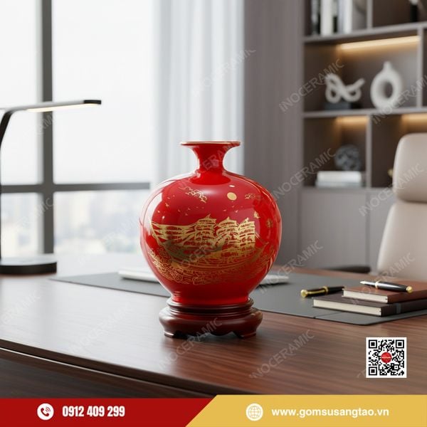 Bình hút lộc vẽ vàng Thuận Buồm Xuôi Gió Bát Tràng phong thủy sang trọng