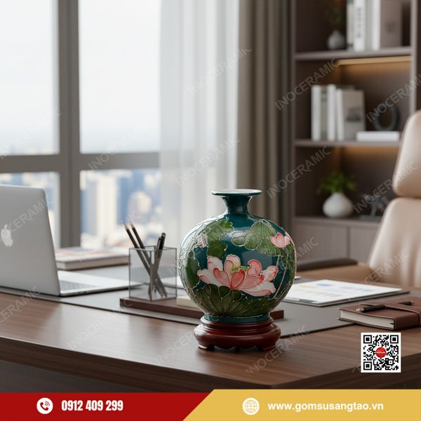 Quà Tết gốm sứ Bát Tràng Ngọc Liên Phú Quý in logo doanh nghiệp.