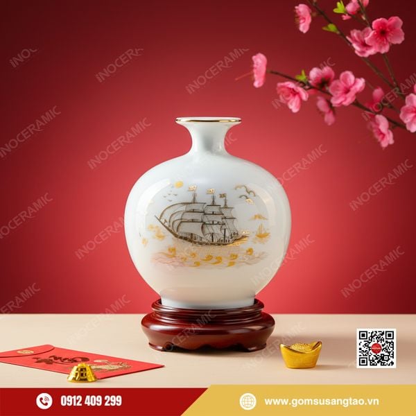 Quả hút lộc Thuận Buồm Xuôi Gió vẽ vàng gốm sứ Bát Tràng làm quà Tết cao cấp