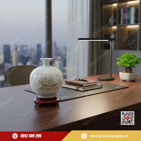 Bình hút lộc vẽ vàng Thuận Buồm Xuôi Gió men trắng sang trọng phong thủy.