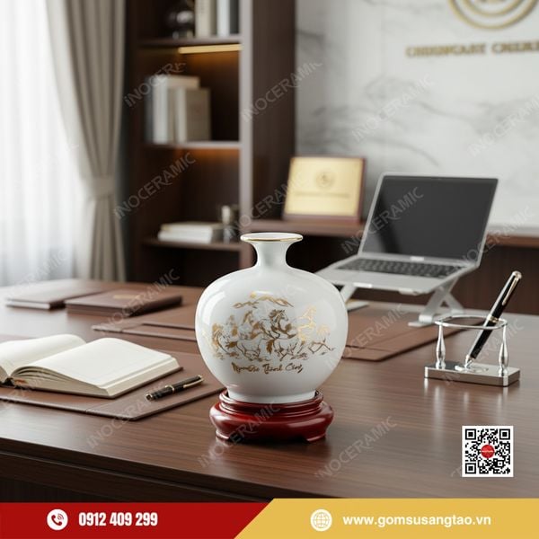 Bình hút lộc Mã Đáo Thành Công Bát Tràng phong thủy sang trọng vẽ vàng.