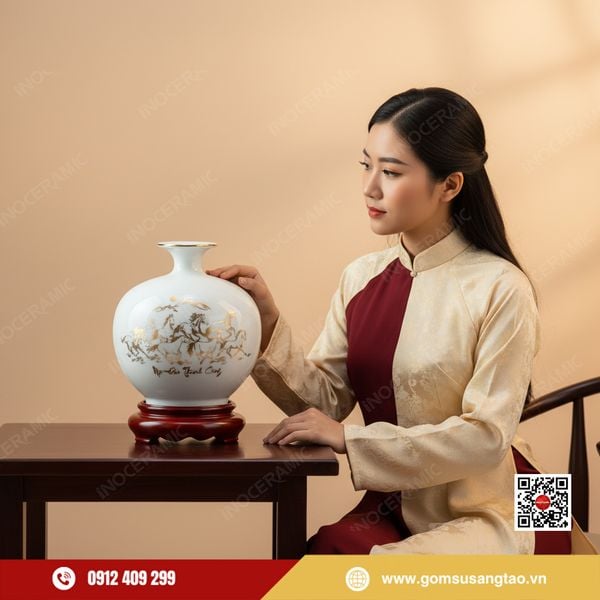 Set quà Tết phong thủy bình hút lộc Mã Đáo Thành Công Bát Tràng dát vàng.