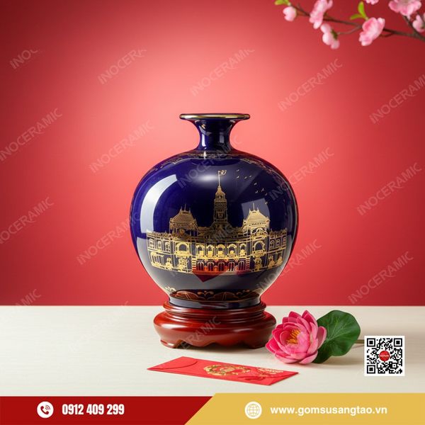 Set quà Tết cao cấp bình hút lộc Địa danh TP.HCM gốm sứ Bát Tràng chính hiệu
