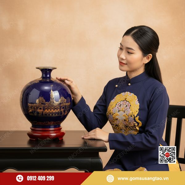 Quả hút lộc Địa danh TP.HCM vẽ vàng gốm sứ Bát Tràng làm quà Tết cao cấp.