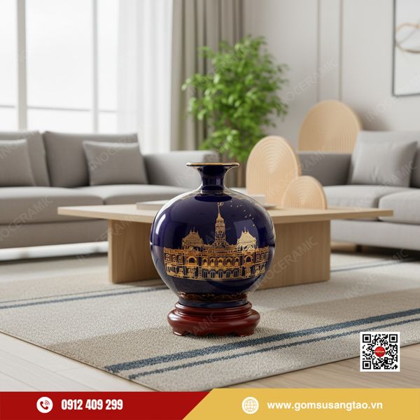 Bình hút lộc vẽ vàng tòa nhà UBND TP.HCM men lam sang trọng phong thủy.