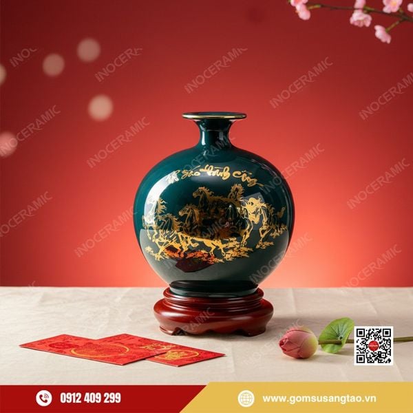 Quả hút lộc Mã Đáo Thành Công vẽ vàng gốm sứ Bát Tràng làm quà Tết cao cấp