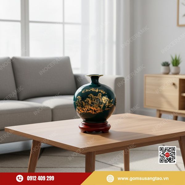 Quà Tết phong thủy Bát Tràng quả hút lộc Mã Đáo Thành Công dát vàng cao cấp.