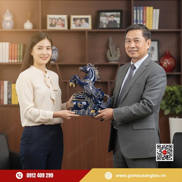 Tượng ngựa Tết 2026 Bính Ngọ men lam quà tặng doanh nghiệp