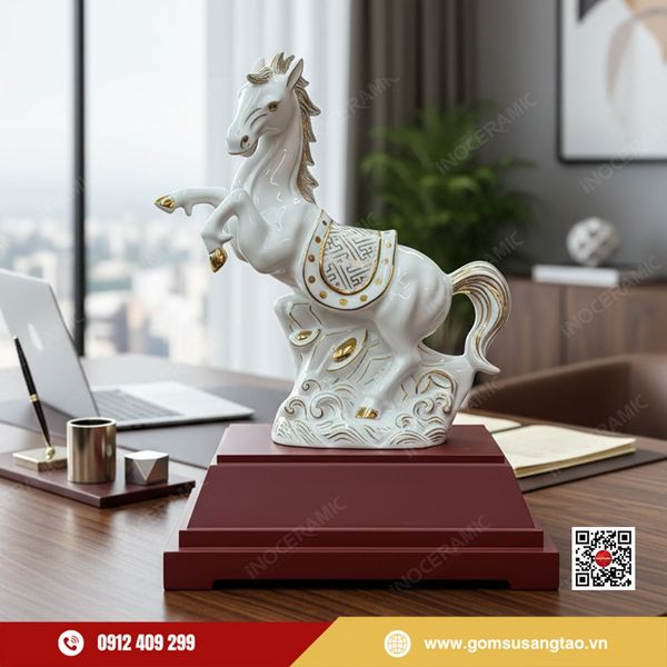 Tượng ngựa sứ Chiến Mã Khải Hoàn men trắng vẽ vàng gốm sứ Bát Tràng cao cấp