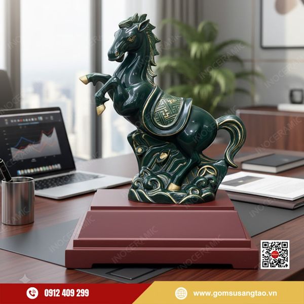 Tượng ngựa sứ Bát Tràng men lục ngọc biểu tượng may mắn và tài lộc
