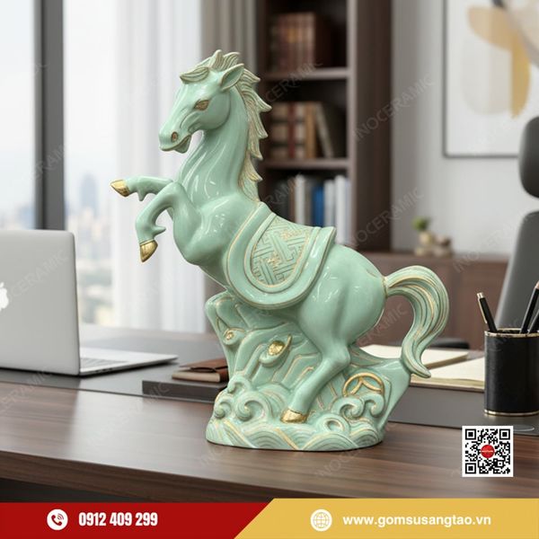 Tượng ngựa sứ men ngọc Bát Tràng vẽ vàng cao cấp linh vật Mã đáo thành công