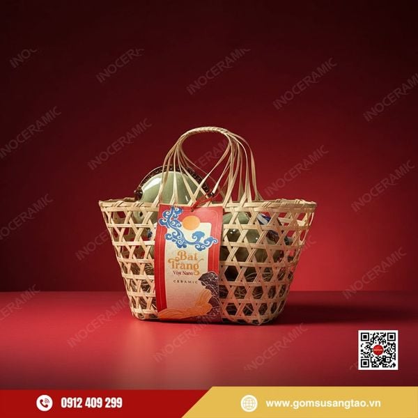 Giỏ quà Tết đựng tượng linh vật ngựa Bát Tràng in logo doanh nghiệp