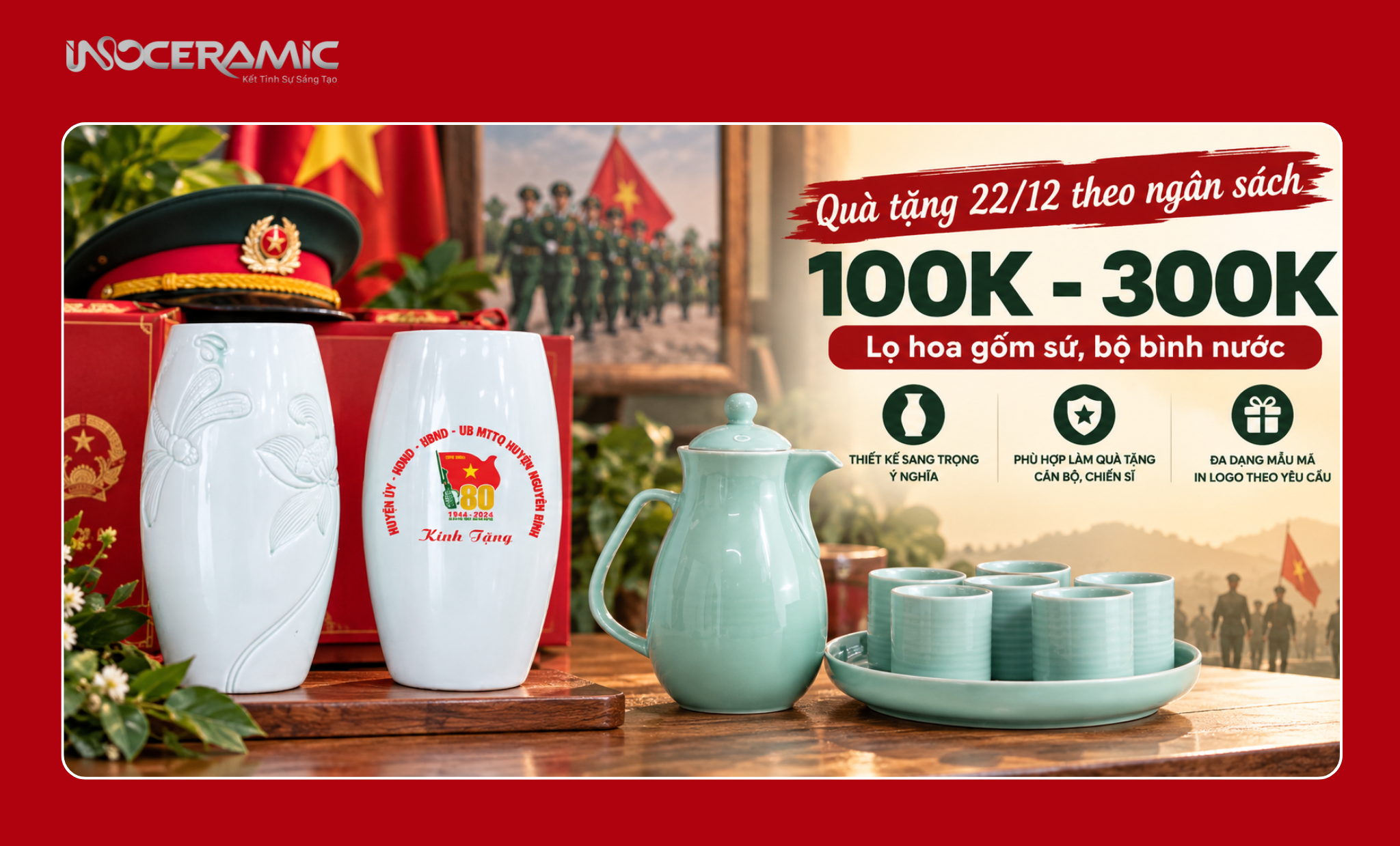 Lọ hoa và bình nước gốm sứ thanh lịch làm quà tặng ngành quân đội phân khúc 300k