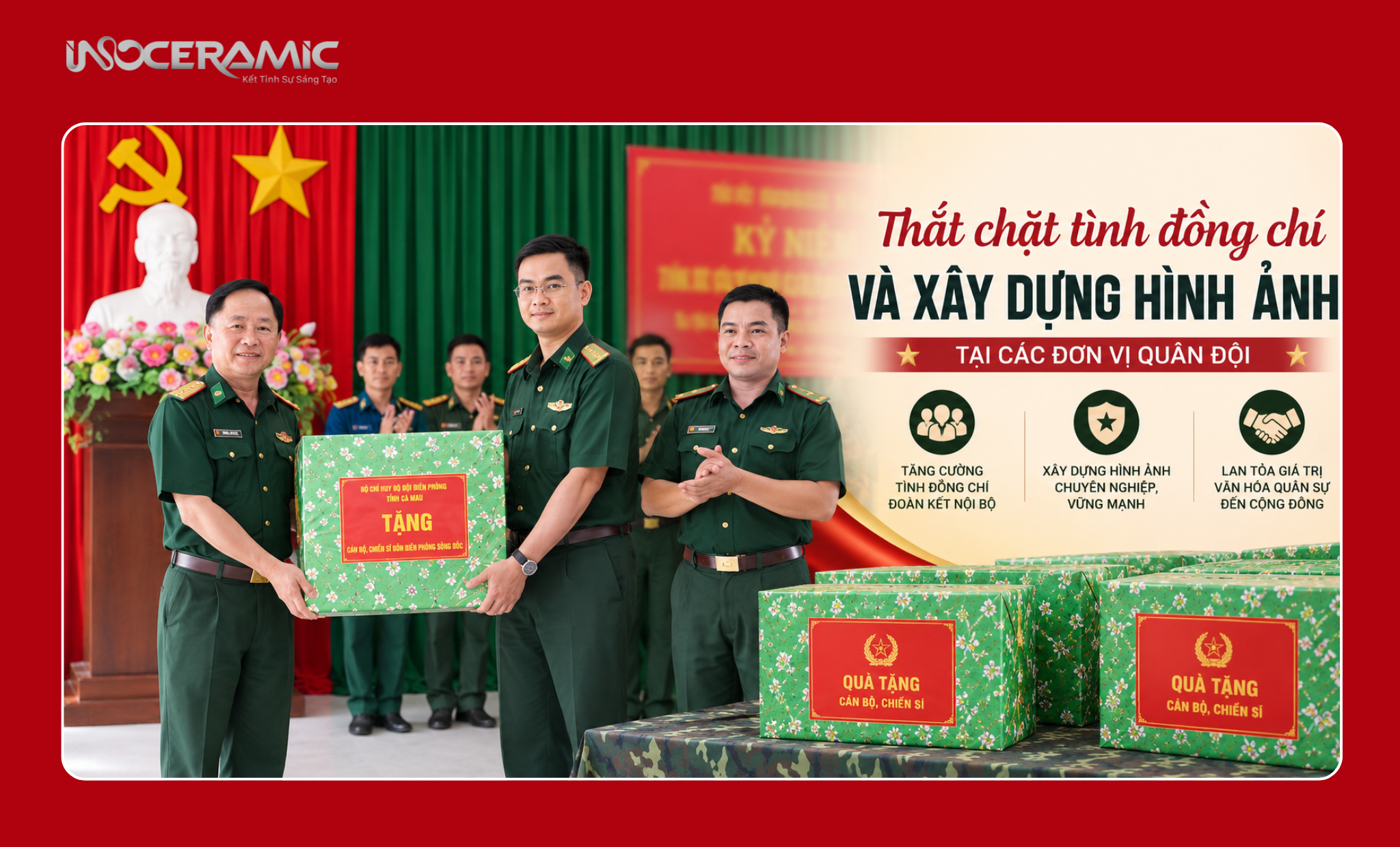 Tập thể đơn vị nhận quà tặng ngành quân đội thể hiện tình đồng chí gắn bó