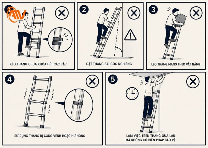 Lỗi thường gặp khi sử dụng các loại thang nhôm rút cần an toàn và hiệu quả