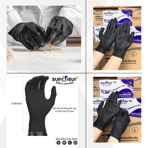 Mẫu Găng tay y tế không bột Nitrile Supersieur màu đen