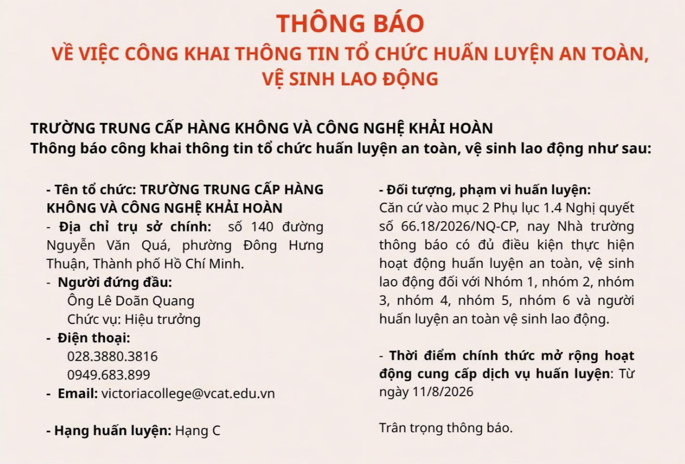 Victoria College thông báo đủ điều kiện huấn luyện ATVSLĐ