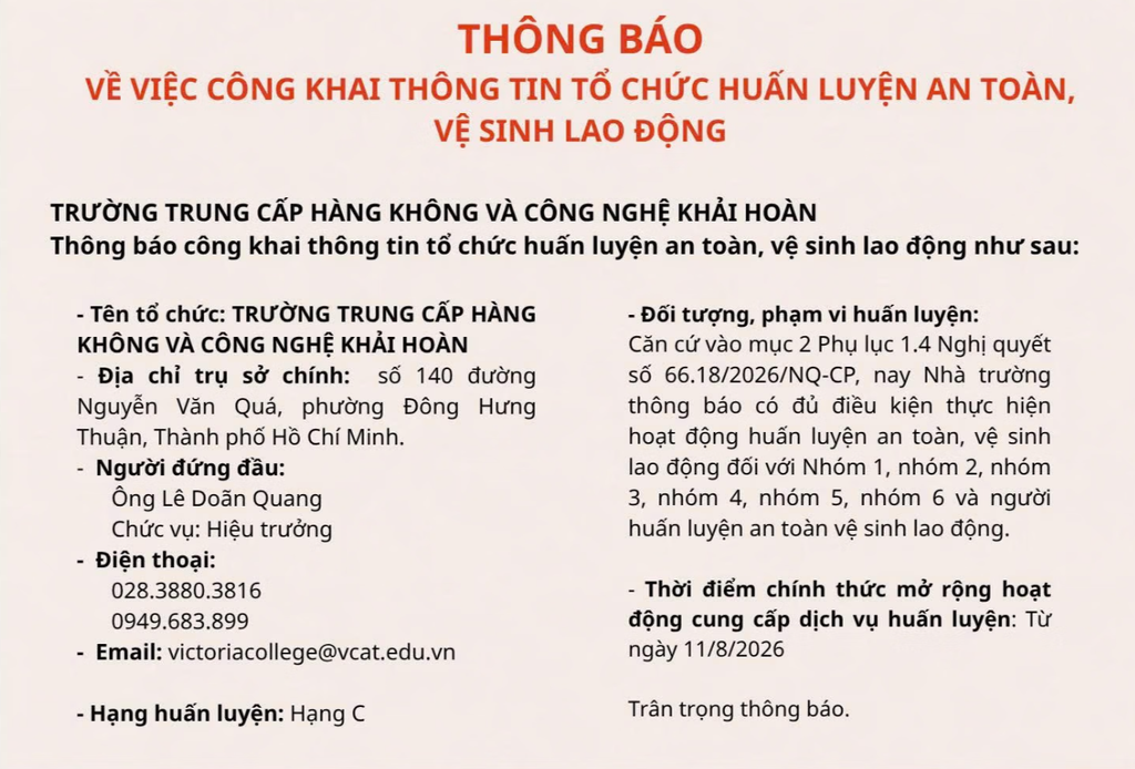 Victoria College thông báo đủ điều kiện huấn luyện ATVSLĐ