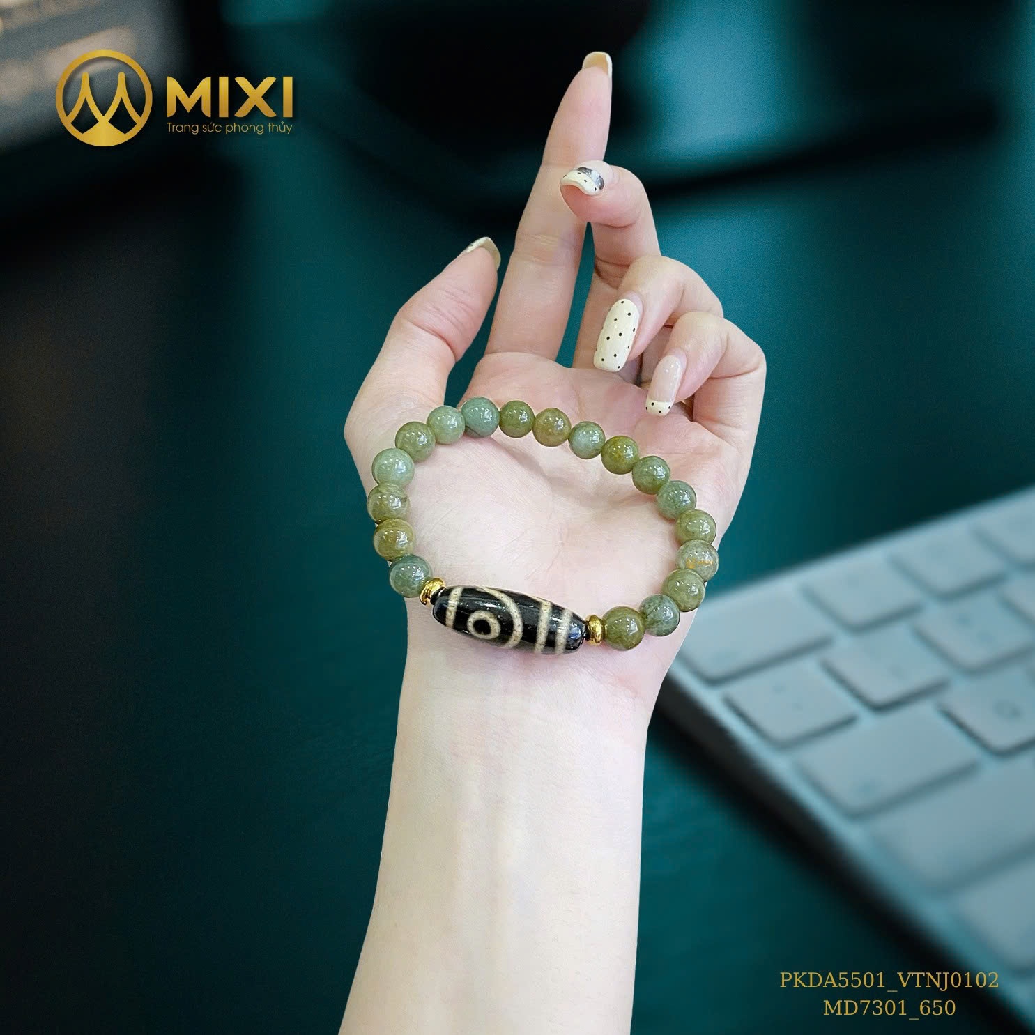 VÒNG TAY NGỌC JADE MIX LU THỐNG MÃ NÃO DZI 2 MẮT – SẮC XANH THANH KHIẾT, MAY MẮN SONG HÀNH
