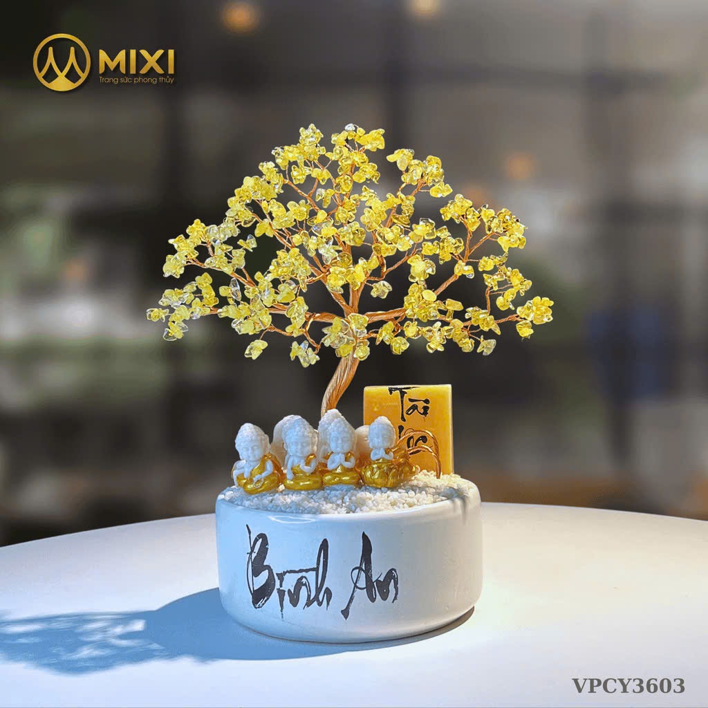 Cây Tài Lộc Hũ Tròn Chữ “Bình An” Thạch Anh Vàng – Chiêu Tài, Hút Lộc & Mang Lại Năng Lượng Hưng Vượng