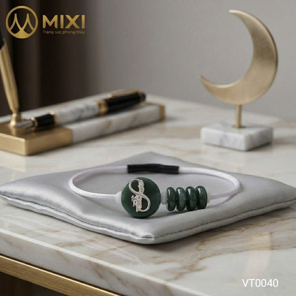 Vòng Tay Dây Cáp Khóa Bấm Trăng Non Lam Ngọc Mix Ngũ Điếu Bọc Bạc 925 – Nét Kiêu Kỳ Khai Mở Tài Lộc
