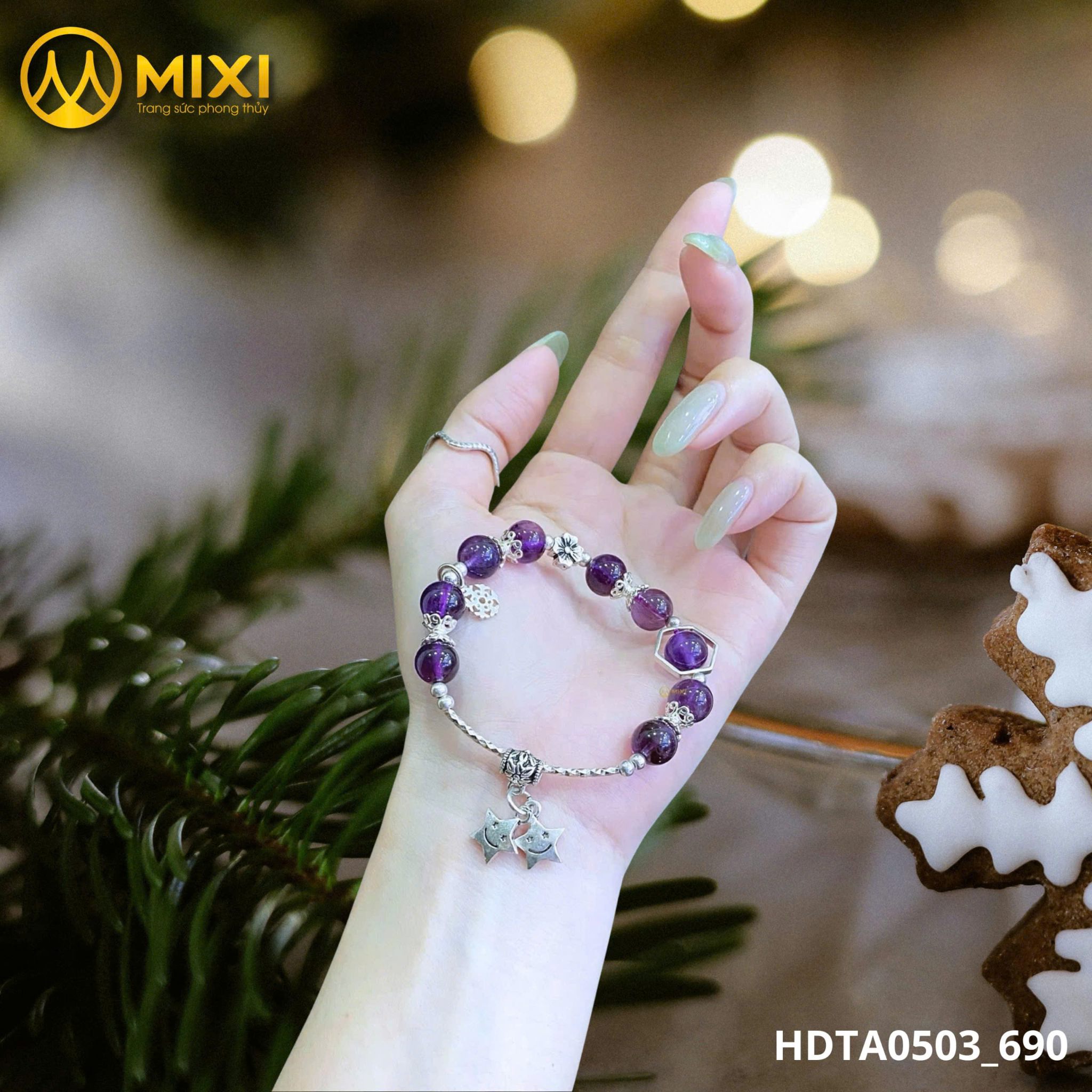 VÒNG TAY THẠCH ANH TÍM MIX CHARM NGÔI SAO ĐÔI BẠC – ÁNH SÁNG BÌNH AN MÙA GIÁNG SINH
