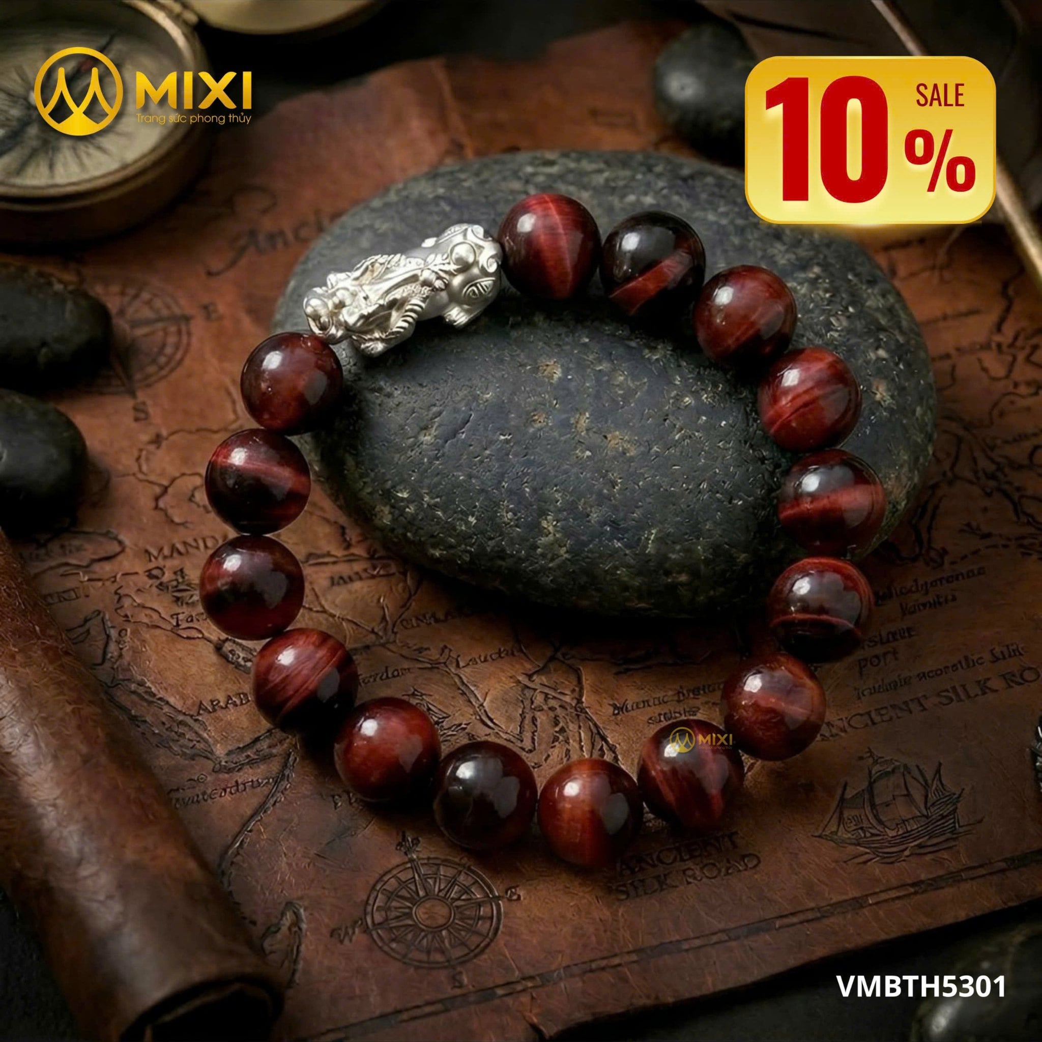 Vòng Tay Đá Mắt Hổ Đỏ Mix Charm Tỳ Hưu Bạc – Bản Lĩnh Tiên Phong, Khai Mở Tài Vận