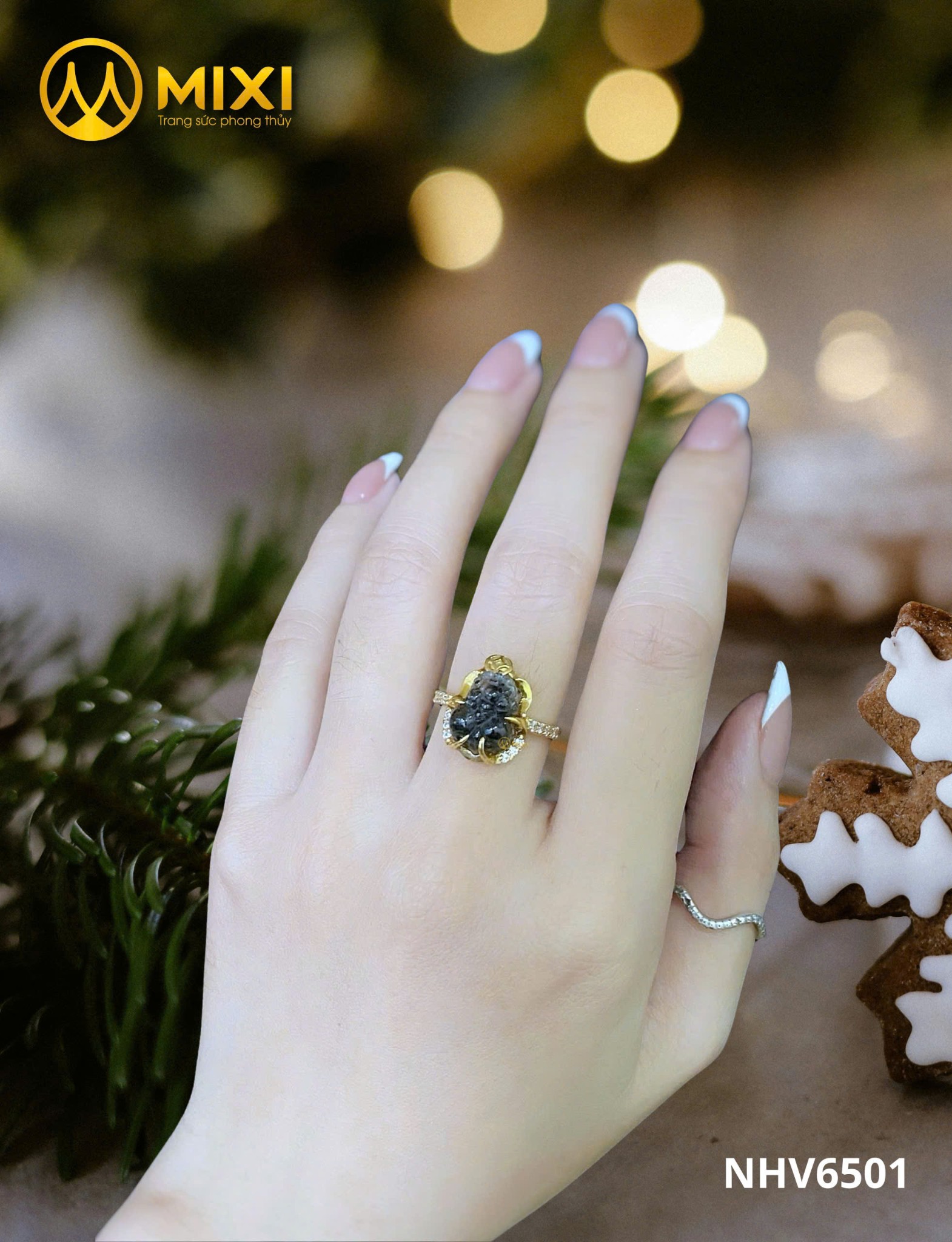 NHẪN TỲ HƯU THẠCH ANH TÓC ĐEN BỌC VÀNG 10K – MÓN QUÀ GIÁNG SINH CÁT LÀNH DÀNH RIÊNG CHO NÀNG