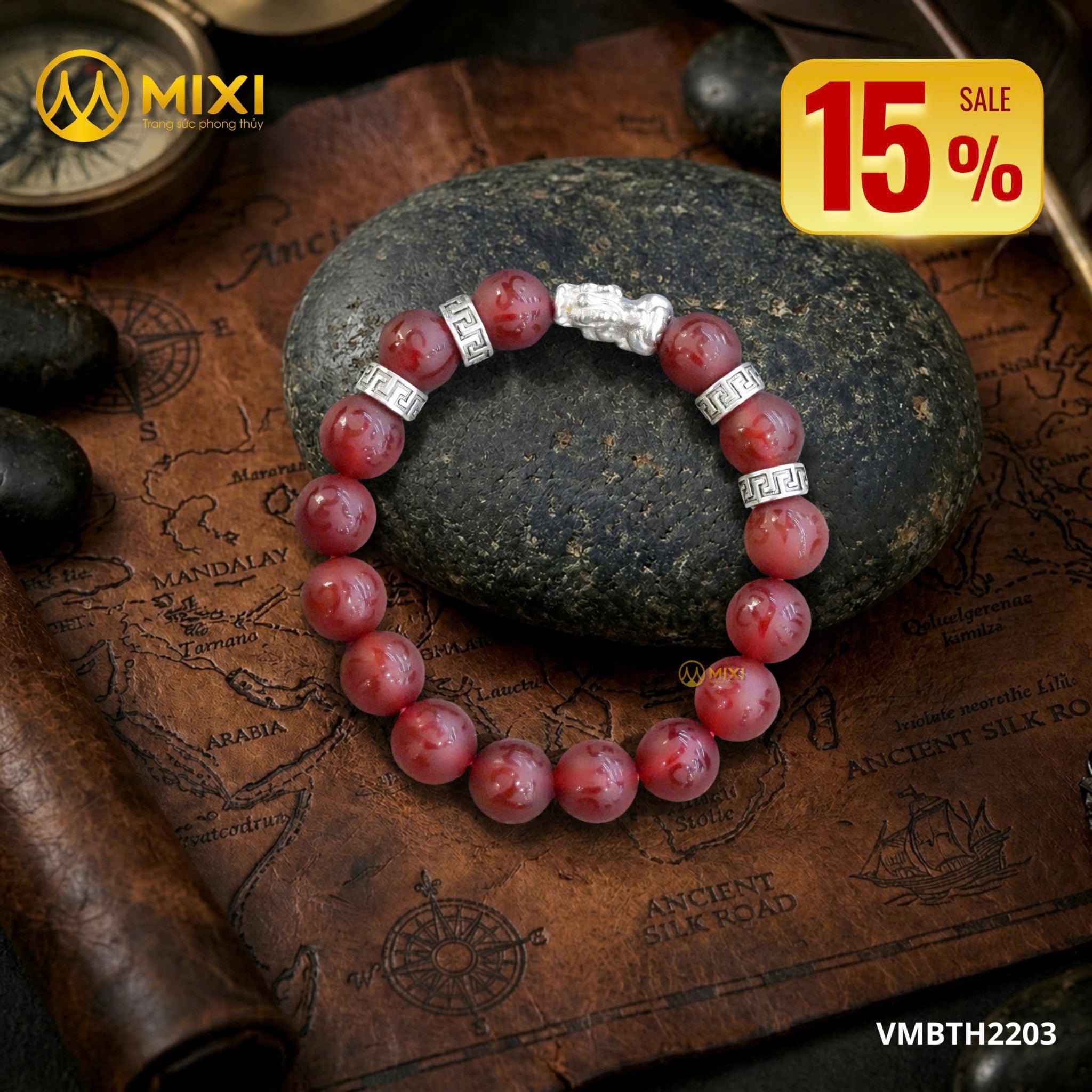 Vòng Tay Đá Mã Không Đỏ Nhám Khắc Kinh Phật Mix Charm Tỳ Hưu Bạc – Khí Chất Trầm Ổn, Khai Mở Tài Vận