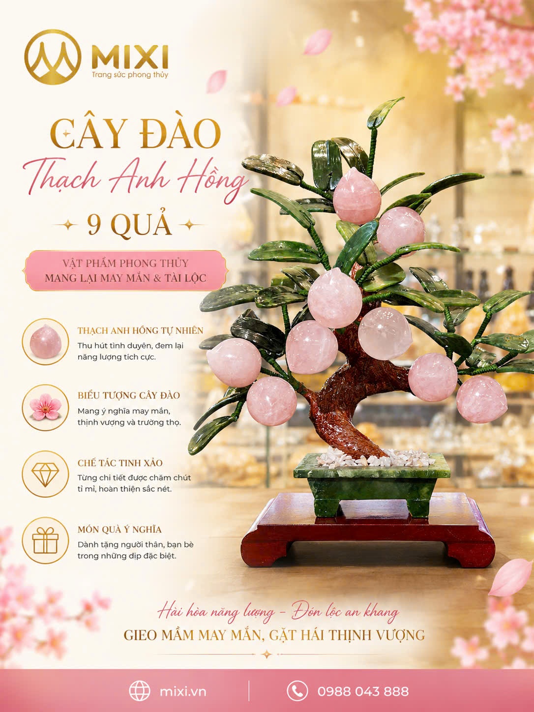 Cây Đào Thạch Anh Hồng 9 Quả – Sinh Khí Ngọt Ngào, Trường Thọ Viên Mãn