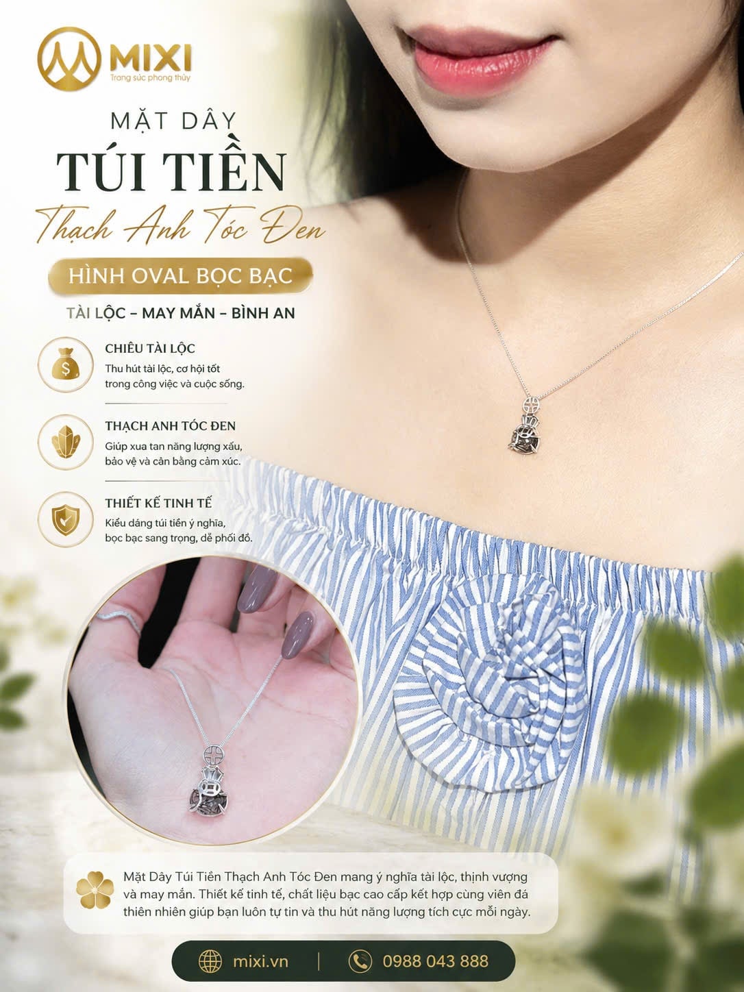 Mặt Dây Túi Tiền Thạch Anh Tóc Đen 2A Oval Bọc Bạc – Tích Lũy Vượng Khí, Bản Lĩnh Vững Vàng
