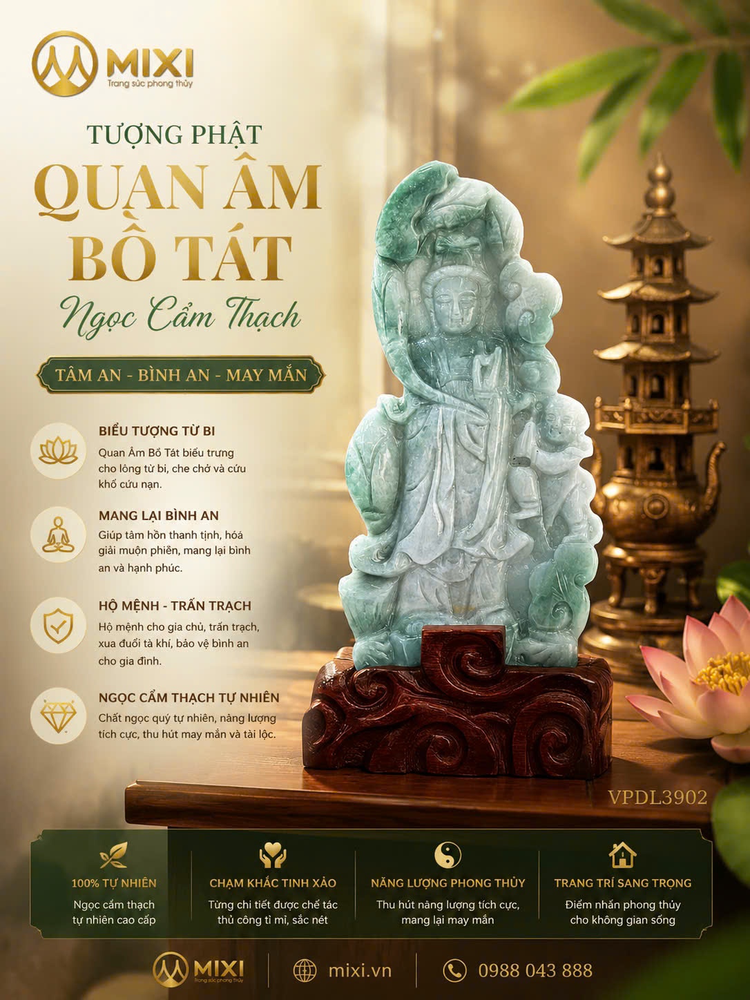 Tượng Phật Bà Quan Âm Ngọc Cẩm Thạch – Biểu Tượng Từ Bi, Phước Lành Trọn Vẹn