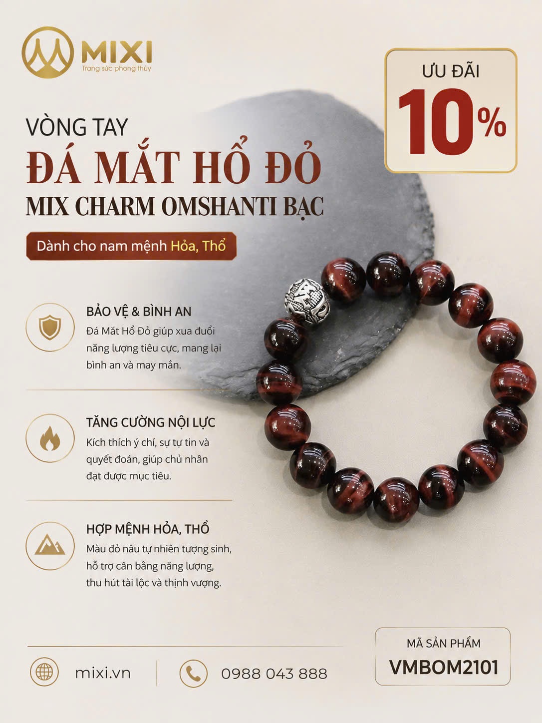 Vòng Tay Mắt Hổ Đỏ Mix Charm Omshanti Bạc – Bản Lĩnh Dẫn Đầu, Khí Chất Uy Nghi