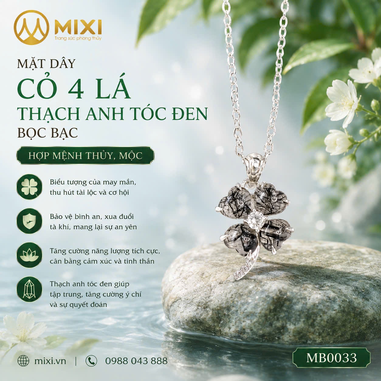 Mặt Dây Cỏ 4 Lá Thạch Anh Tóc Đen Bọc Bạc – Năng Lượng Tĩnh Tại, Lan Tỏa May Mắn
