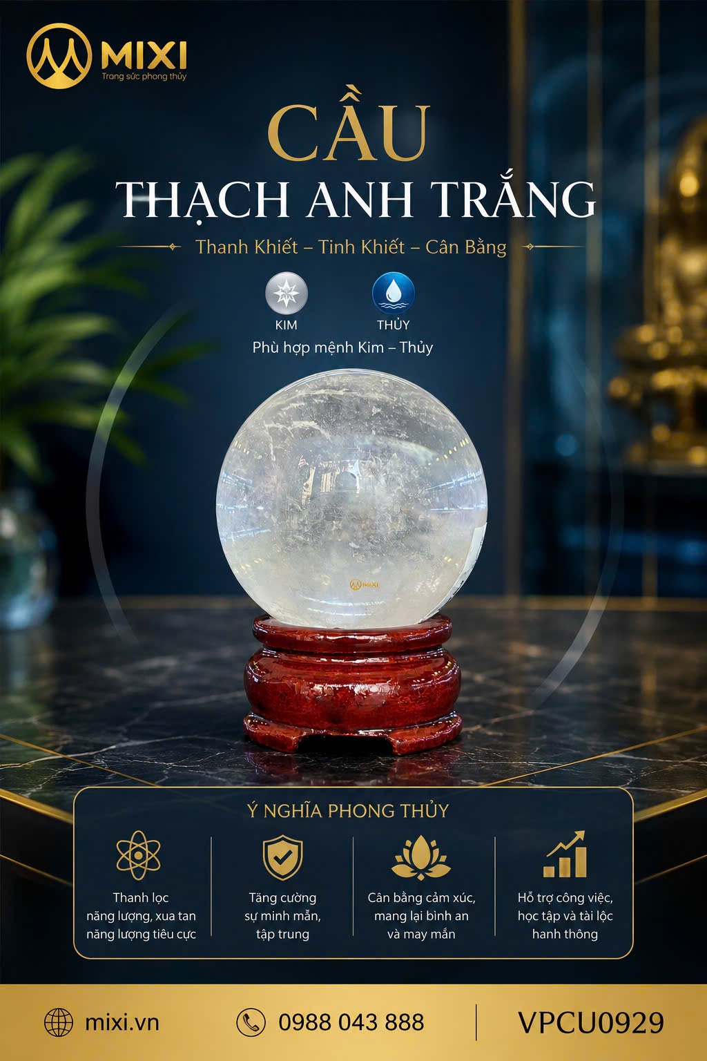 Quả Cầu Thạch Anh Trắng 2A 0.2kg – Tinh Hoa Thuần Khiết, Nâng Tầm Không Gian