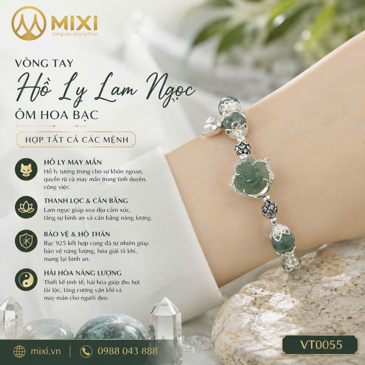 Vòng Tay Hồ Ly Lam Ngọc Ôm Hoa Bọc Bạc Mix Hoa Sen Bạc Thái – Nét Đài Các Thanh Tao, Vạn Sự Viên Mãn