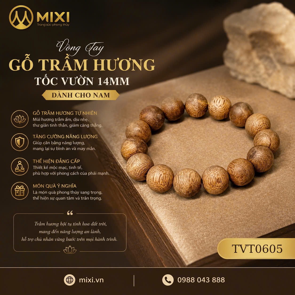 Vòng Tay Gỗ Trầm Hương Tốc Vườn 14mm – Khí Chất Nam Tính, Năng Lượng Bình Yên