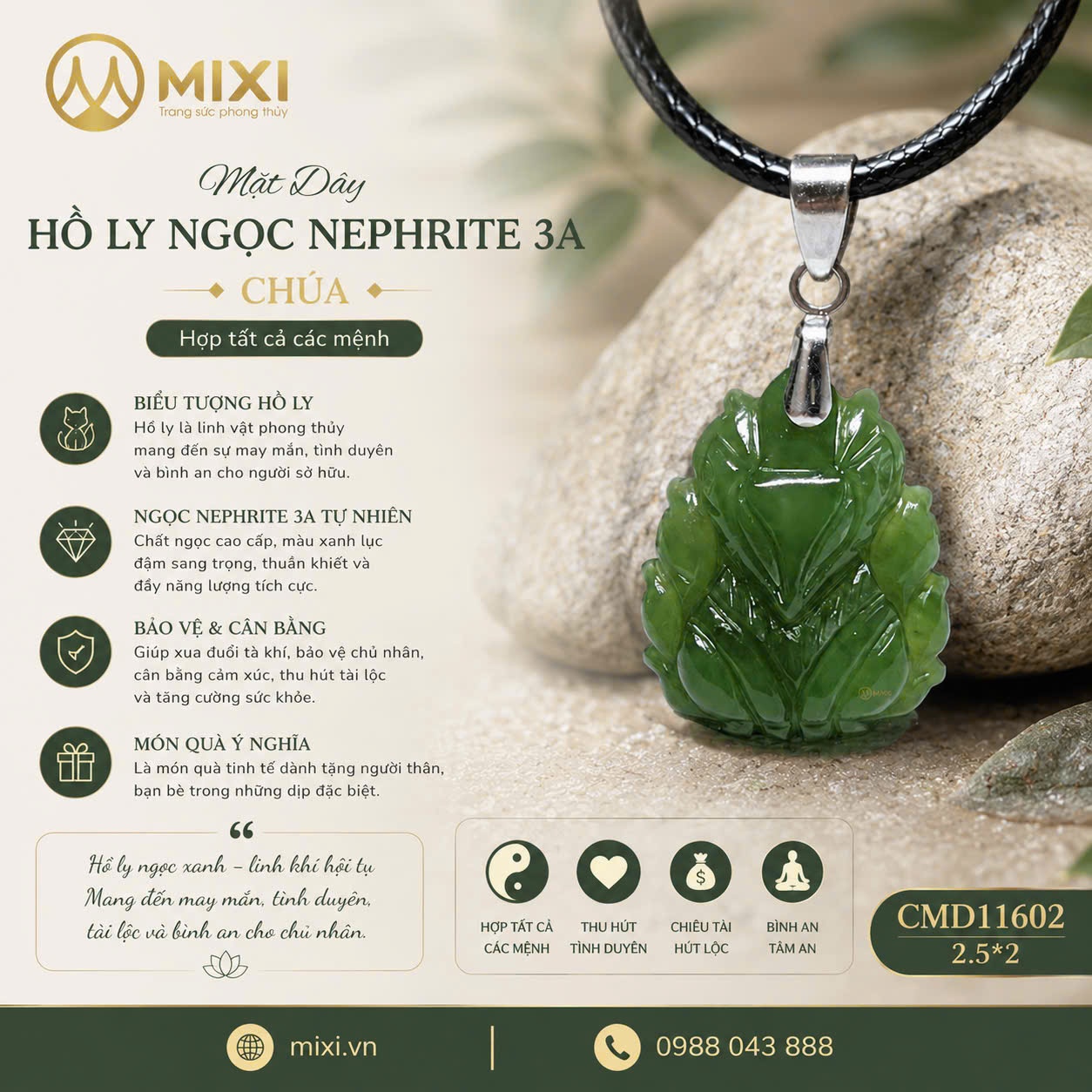 Mặt Dây Hồ Ly Chúa Ngọc Bích Nephrite 3A – Trí Tuệ Sắc Sảo, Khí Chất Uy Quyền