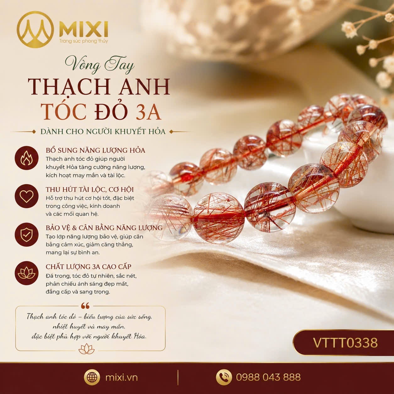 Vòng Tay Thạch Anh Tóc Đỏ 3A – Năng Lượng Đột Phá, Nhiệt Huyết Dẫn Đầu