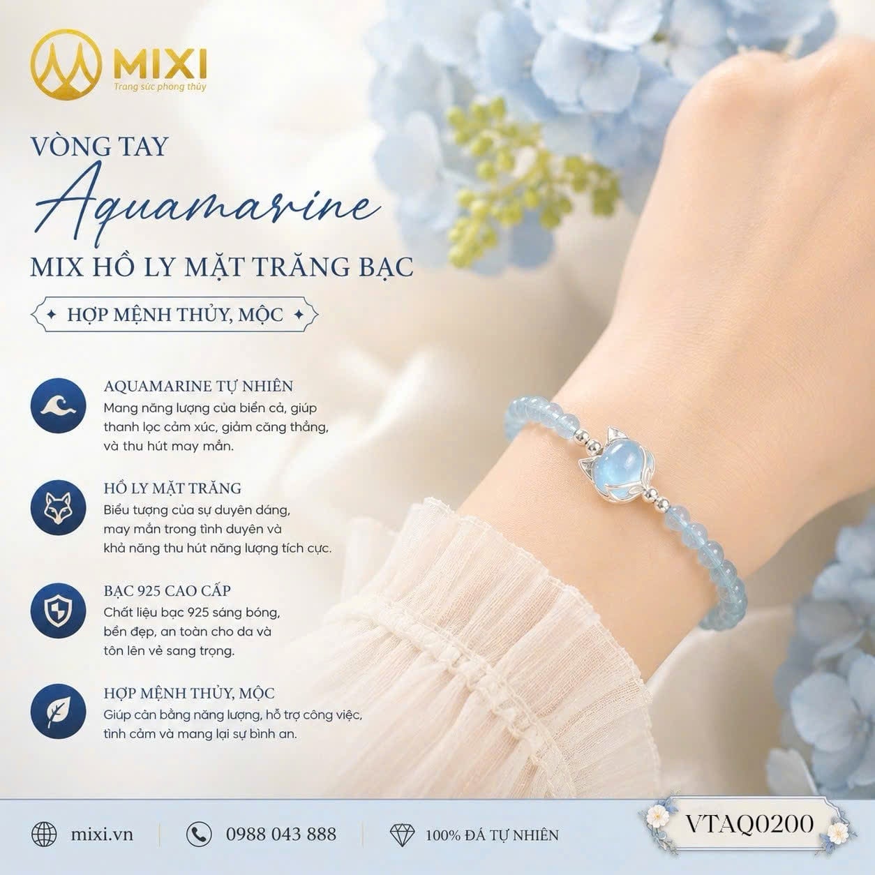 Vòng Tay Aquamarine 2A Mix Hồ Ly Bọc Bạc – Dải Tần Số Đại Dương, Khí Chất Thanh Lịch