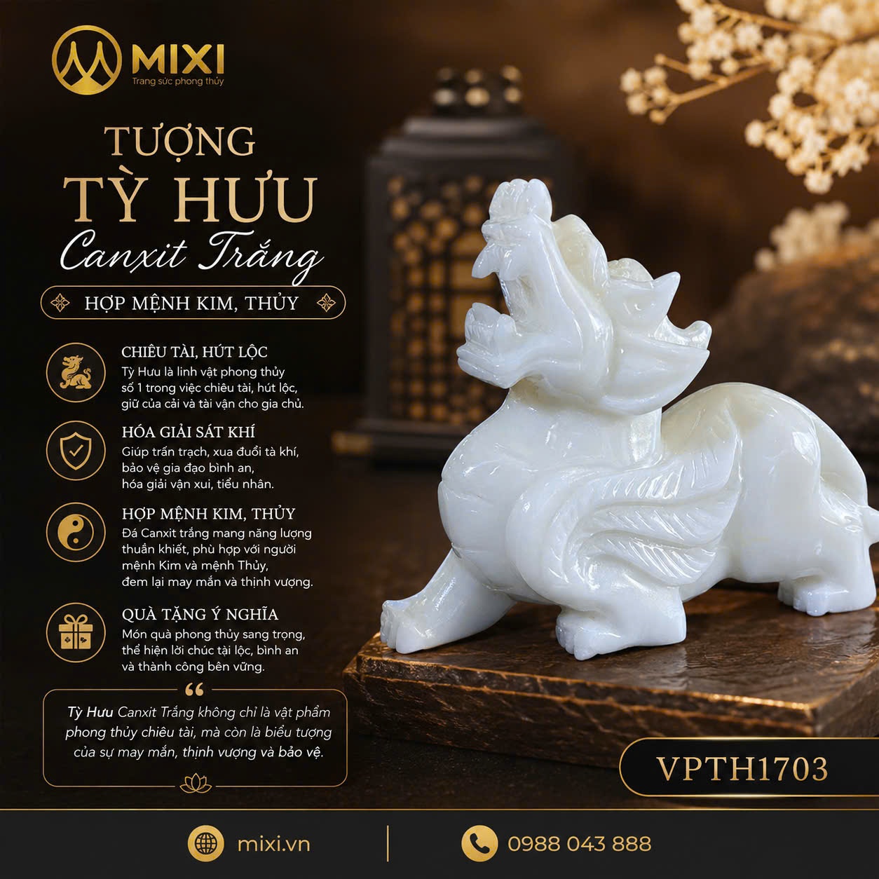 Tượng Tỳ Hưu Canxit Trắng – Tích Tụ Vượng Khí, Vững Bước Thành Công