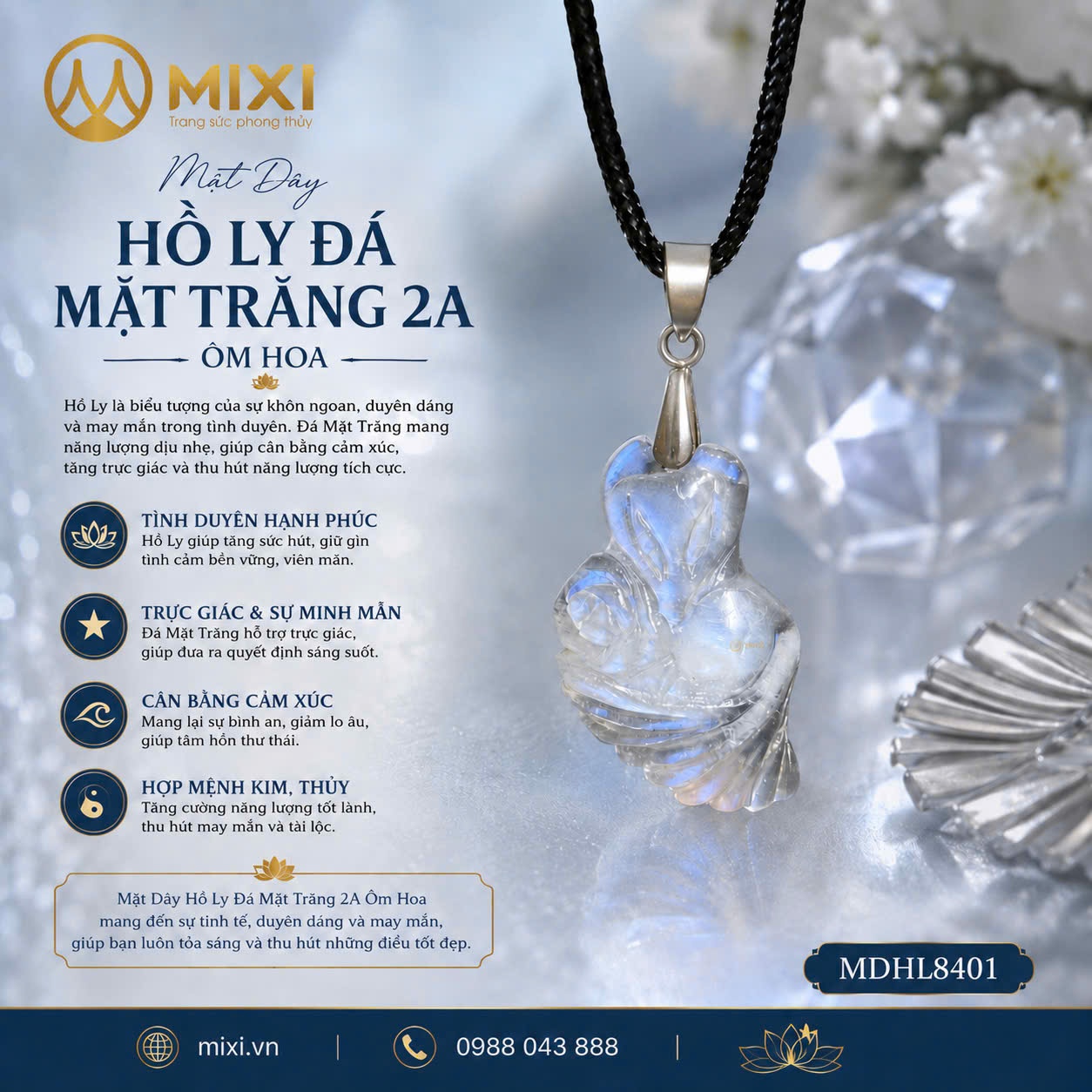 Mặt Dây Hồ Ly Mặt Trăng 2A Ôm Hoa – Quyến Rũ, Tình Duyên, May Mắn